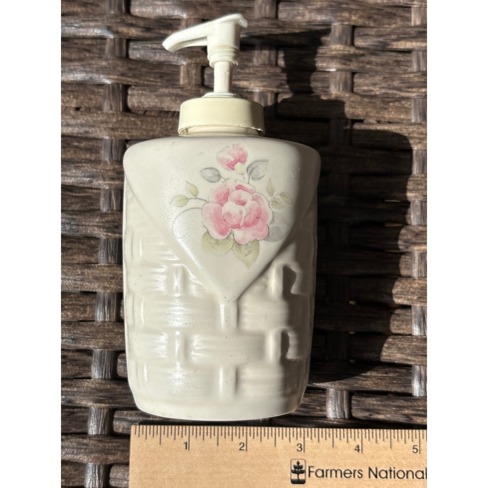 Vintage Pfaltzgraff Ceramic Soap Dispenser Pink Rose Basketweave USA Made